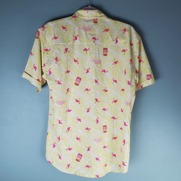 RSVLTS X Natural Light Mens Yellow Flamingo Button Up Short Sleeve Shirt Size M - Picture 2 of 6